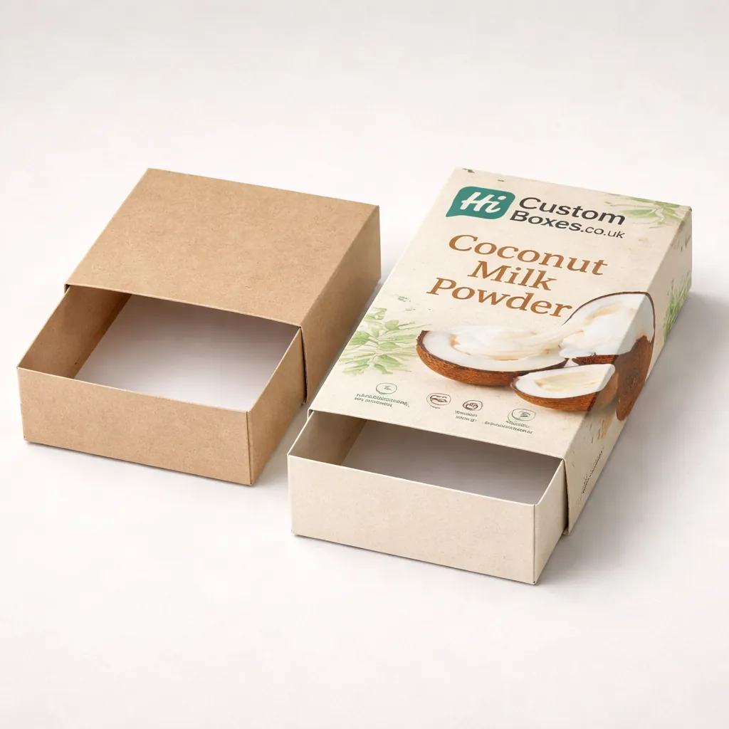 Sustainable kraft slider drawer boxes designed for wholesale coconut milk powder packaging with minimalist branding. class=